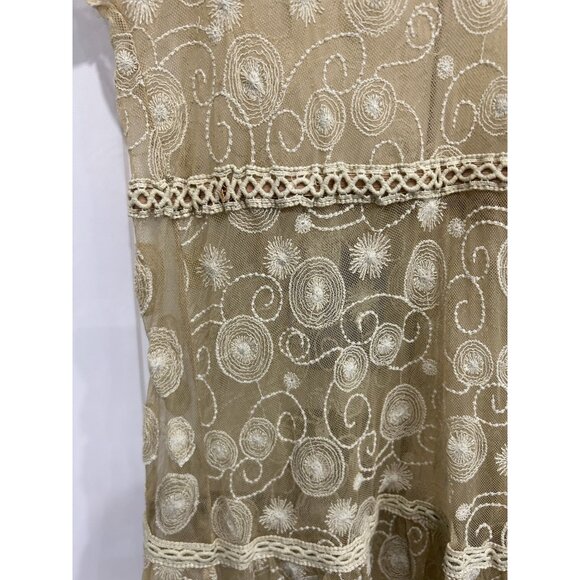 Blue Bird Sheer Beige Embroidered Lace Tunic Top V Neck Short Sleeves Size L - Picture 4 of 11